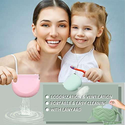 Silicone Retainer Case with Lanyard Slim Cute Retainer Holder Dental Thin Container Braces Case for Girl Women Kids Men Travel Partial Denture Night Mouth Guard Aligner Case(Light Green)