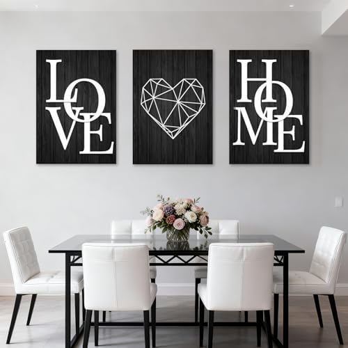 3 Piece Geometric Heart Canvas Wall Art Set - Black Wood Grain Modern Minimalist Prints Unframed Ready to Hang, 16x24 Inch for Living Room Bedroom