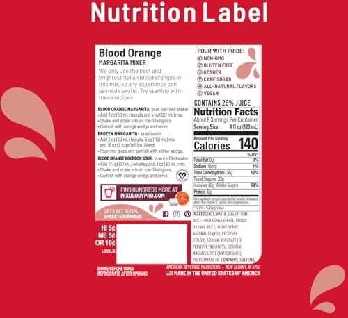 Master of Mixes Blood Orange Margarita Drink Mix, Ready To Use, 1 Liter Bottle (33.8 Fl Oz), Individually Boxed