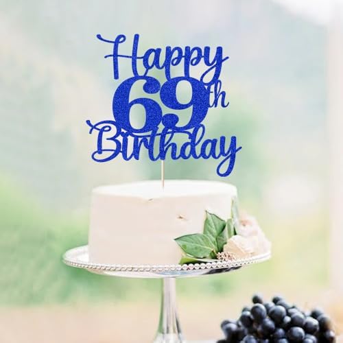 Kaoenla Glitter Happy 69th Birthday Cake Topper,Hello 69，Cheers to 69 Years,69th Anniversary /69 years old birthday Party Decor (69th, blue)