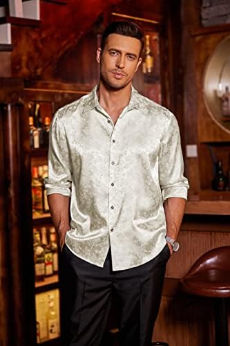 COOFANDY Men's Silk Satin Dress Shirts Jacquard Long Sleeve Floral Button Up Shirts Party Prom Wedding Shirt