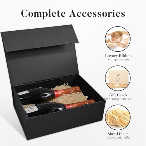 LIFELUM Gift Box 13.5''x10''x4'' Large Gifts Box with Magnetic Lids Black Gift Boxes for Father's Day graduation gifts Contains Card, Ribbon, Filler