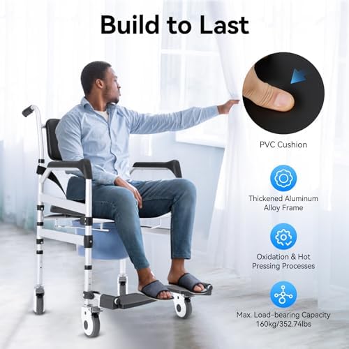 Rolling Shower Chair with Wheels - Bedside Commode Chair for Toilet with Arms, Adjustable Height Folding Bath Commode Wheelchair, Bathroom Chair for Elderly, Disabled, Injured
