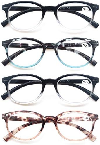 Reading Glasses for Women Cute Round Readers +1.00 for Small Head/Petite Face Lightweight Cheaters Glasses w/Spring Hinges 4 Pack