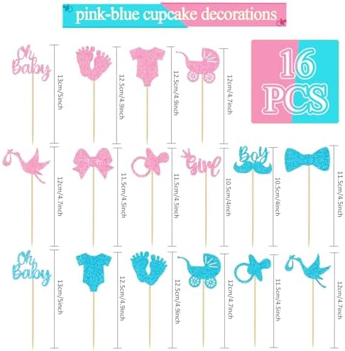 32 PCS Baby Gender Reveal Cupcake Topper Decorations Bule and Pink Glitter Gender Reveal Cupcake Decor for Boy or Girl Theme Baby Shower Kids Birthday Party Cake Decorations Supplies