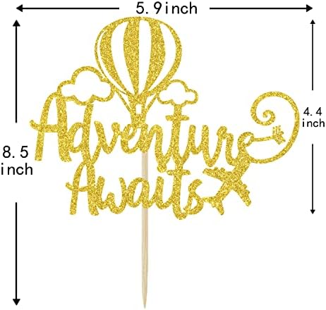 Adventure Awaits Cake Topper, Congrats Grad/New Chapter Cake Topper, 2026 Graduation/Retirement/Bon Voyage/Baby Shower/Moving Party/Travel Theme Party Decorations Supplies, Gold Glitter