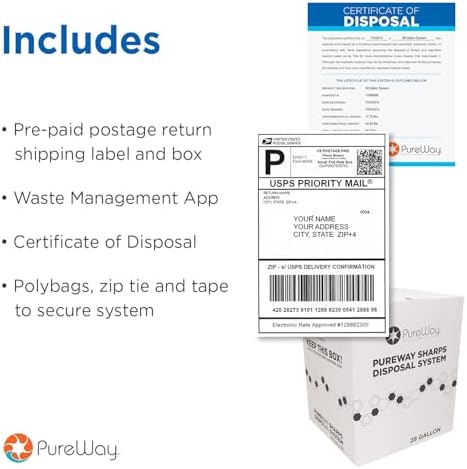 MailBack 5 Gallon Gallon PureWay Sharps Container Disposal System - [PrePaid Return Label Included] for Home, Travel, Professional, and Personal Use