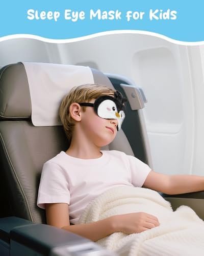 Miss Adola Sleep Mask for Kids - Valentines Gift for Kids Cute Plush Fuffy Sleeping Eye Cover Kawaii Soft Eyeshade Animal Eye Blindfold for Girls Boys Teens with Adjustable Strap, Penguin