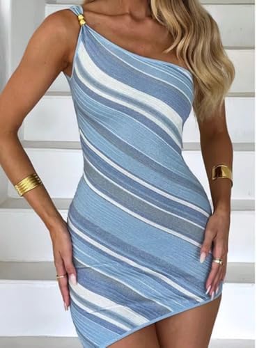 Women's Sexy Summer Off-Shoulder Mini Dress — Slim-Fit, Sleeveless, Bodycon, Colorful Striped Party Dress