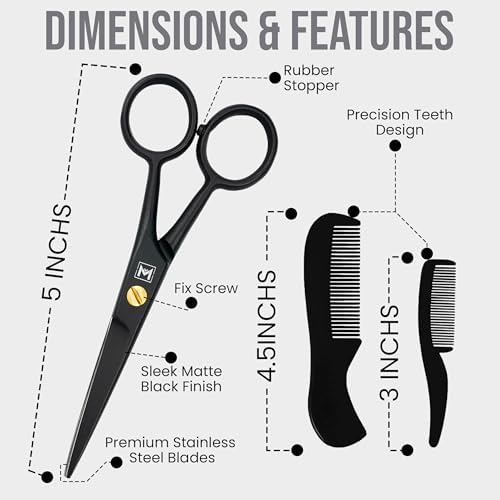 Mustache & Beard Scissors for Men – Professional 5" Stainless Steel Grooming Kit with Comb & Travel Case – Sharp Facial Hair Trimming Tool for Mustache, Beard, Nose & Eyebrows