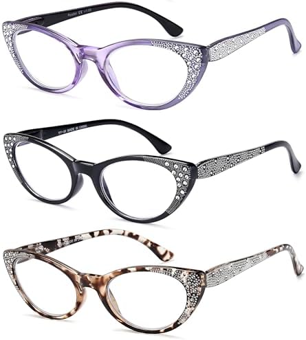 EYEURL 3-Pack Cat Eye Reading Glasses for Women Blue Light Glasses Fashion Computer Readers with Spring Hinge Anti-Glare Readers for Women 1.5