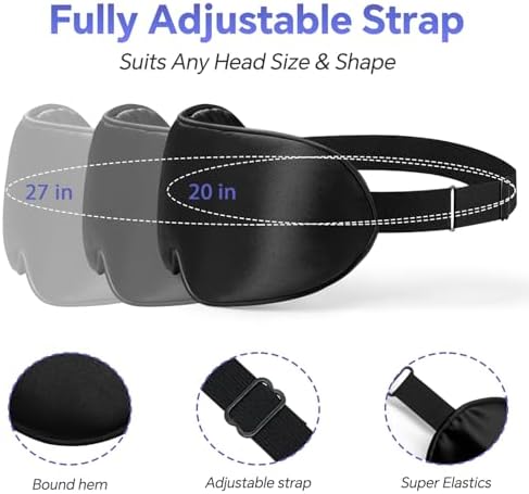 Sleep Eye Mask for Men Women, Silk Sleep Mask for Side Sleeper, Travel Blackout Night Blindfold Eye Shade Cover with Adjustable Strap (Black & Black)