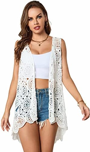 Women's Crochet Lace Vest Boho Sleeveless Kimono Irregular Hem Cardigan