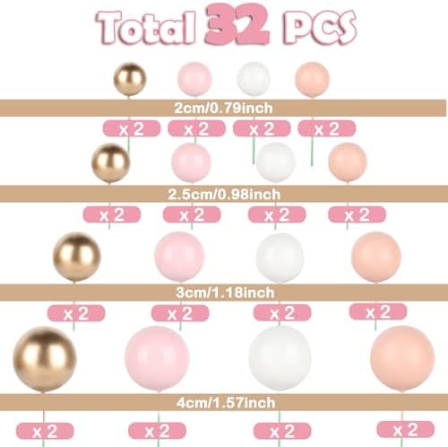 32 Pcs Balls Cake Topper Decorations Mini Balloons Cupcake Topper Sticks DIY Cupcake Insert Foam Balloons for Cake Baking Wedding Anniversary Birthday Decoration(Pink Series, White, Gold,Multi Sizes)