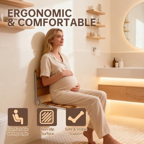 Jamini Folding Shower Seat Wall Mounted, 16.5", Beech Wood + SUS304 Steel, Heavy-Duty 330 lbs Seat for Seniors & Pregnant Women, Fits Small Showers, Balcony & Dressing Area