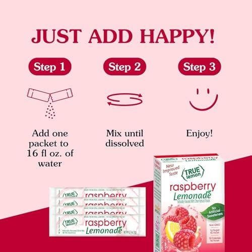 True Citrus Raspberry Flavored Lemonade Drink Mix, Non GMO, 10 Counts, 1.06 Ounces (Pack Of 12)
