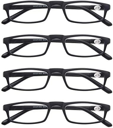 MODFANS Reading Glasses Black +1.5-4 Pairs Fashion Readers Narrow Frame Spring Hinge for Men Women