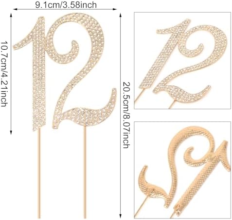Honbay 12 Birthday Cake Topper Sparkling Bling Alloy Crystal Rhinestones Cake Topper Cake Decoration for 12th Birthday or Anniversary Party (Gold)