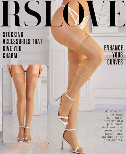 RSLOVE Women's Thigh High Stockings - Silicone Lace Top Sheer Stocking Sexy Bow Suspenders Pantyhose