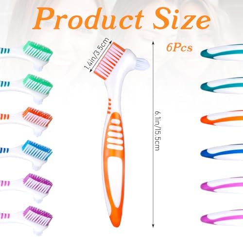 6 Pcs Denture Brush Denture Toothbrushes，Denture Cleaning Care Cleaning Brush with Double Sided Design, Dentures Care Essentials Multi-Layered Bristles and Rubber Anti-Slip Handle