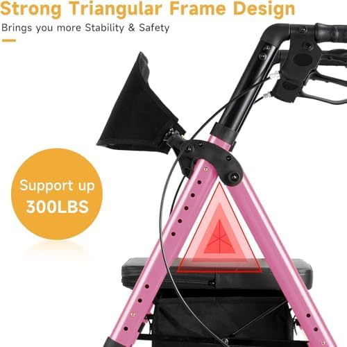 Lightweight Rollator Walker with Seat & Backrest - Foldable Mobility Aid for Seniors,300 lbs Capacity All Terrain Rollator, Adjustable Height,Brake,Storage Bag,4 Wheel Rolling Walkers for Adults