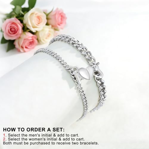 Magnet Couple Bracelet for Women Men A-Z Initial Silver Bracelet Stainless Steel Cuban Link Chain Adjustable Valentines Day Gifts for Him Her