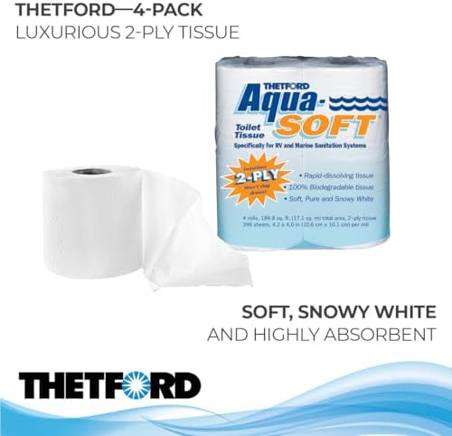 Thetford Aqua-Soft Toilet Tissue - Toilet Paper for RV and marine - 2-ply - Thetford 03300 (Pack of 4 rolls) , White