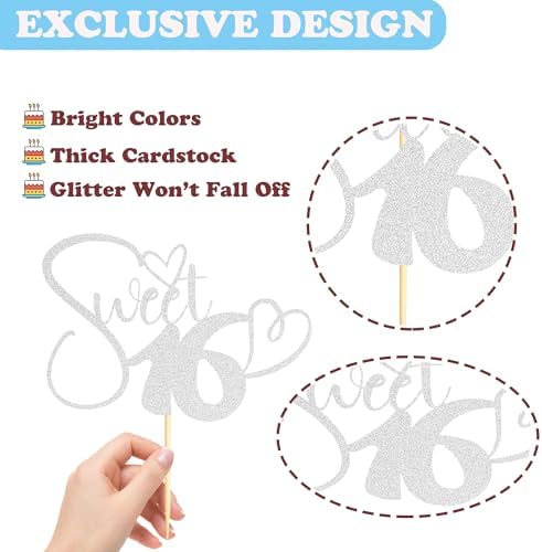 Sotpot 1 pcs Silver Glitter Sweet 16 Cake Topper, Happy 16th Birthday Party Supplies, Sweet Sixteen Theme Party Decorations, Sweet 16 Birthday Cake Party Supplies Silver