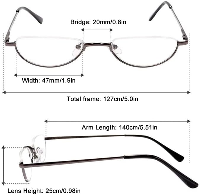 REAVEE 2 Pack Retro Designer Half Moon Reading Glasses for Women Men Spring Hinge Half Frame Readers Stylish Slim Eyeglasses with Pouch, Gun Grey 2.0