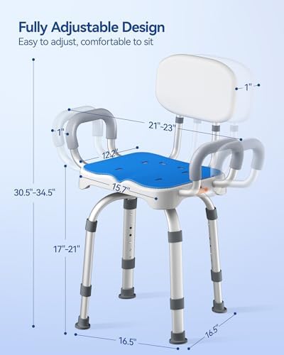 KingPavonini Swivel Shower Chair with Arms and Back, 550 lbs Heavy-Duty Shower Chair for Inside Shower Stall and Tub, Anti-Slip M-Shaped Seat & Height Adjustable Shower Seat for Elderly and Disabled