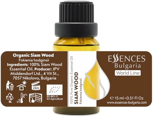 Essences Bulgaria Organic Siam Wood Essential Oil 15ml (0.51 Fl Oz) | Fokienia hodginsii | 100% Pure, Natural, Undiluted | Aromatherapy, Cosmetics | Vegan, Non-GMO, Cruelty-Free