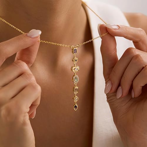 14K Gold Plated Seven Chakra Necklace for Women, Dainty Y Necklace Lariat Drop Pendant, Crystal Healing Yoga Jewelry Gifts