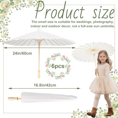 6 Pack 24 Inch White Paper Umbrellas Chinese Japanese Decorative Parasol DIY Oiled Painting Crafts for Wedding Bridal Party Decor