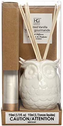 Hosley Aromatherapy Vanilla Diffuser Oil with Ceramic Owl Farmhouse Bottle & Reed Sticks - 110ml Ideal Gift for Home Decor, Bathroom Decor, Room Decor, Spa, Meditation, Weddings