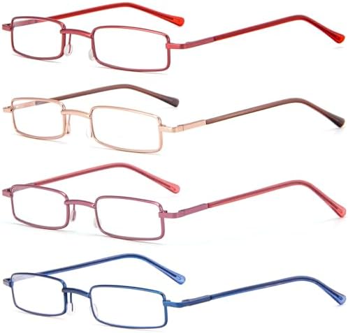 REAVEE 4 Pack Slim Pen Reading Glasses for Women Stylish Small Metal Tube Readers Spring Hinge with Portable Clip Case, Red Gold Pink Blue 1.5