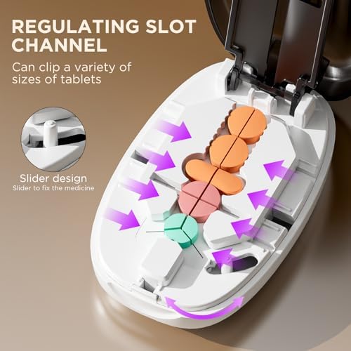 Pill Cutter Splitter for Small and Tiny Pills, Professional Adjustable Pill Cutter with Stainless Steel Blade, Precise Cuts into 1/2, 1/3, 1/4, Portable Travel Sized Design for All Tablet (Black)
