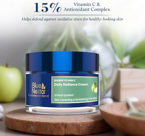 Blue Nectar Plant-Based Vitamin C Face Cream for Glowing Skin, Dark Spot Removal Cream for Men with Green Apple and Almond Oil (13 Herbs, 1.76Oz)
