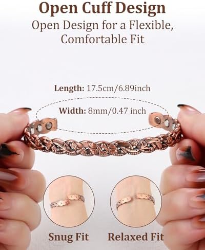 BioMag Magnetic Copper Bracelet for Women Men, 99.99% Pure Copper Cuff Bangle with 6 Pcs 3500 Gauss Magnets, Adjustable Jewerly Gift (Copper-Flower)