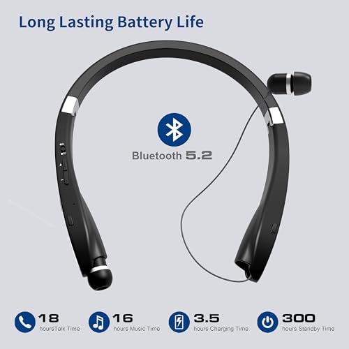 Bluetooth Neckband Headphones, Dpvisn Foldable Wireless Lightweight Neck Headset with Retractable Earbuds, Noise Cancelling Sweatproof Stereo Earphones with Mic & Carrying Case (Black)