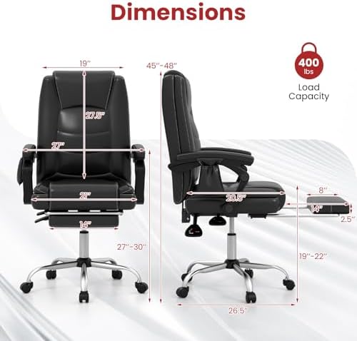 COSTWAY Big and Tall Office Chair, 6-Point Massage Desk Chair with Retractable Footrest, Reclining Backrest & Adjustable Swivel Seat, PU Leather Executive Chair with Wheels, 400 LBS Capacity, Black