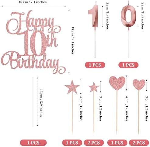 10th Birthday Cake Decorations, 10th Birthday Candles Cake Numeral Candles and Glitter Happy 10th Birthday Cake Toppers Set for Birthday Party Supplies (Rose Gold)