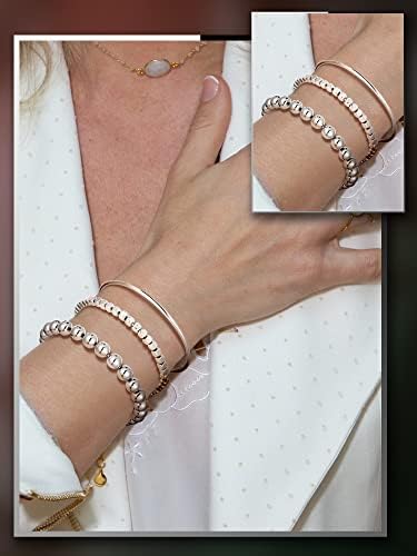 6 Pcs Beaded Bracelets for Women Stackable Elastic Bead Ball Sets Thin Bangle Stretch Cubic Bead Tennis Bracelet with Round Moissanite