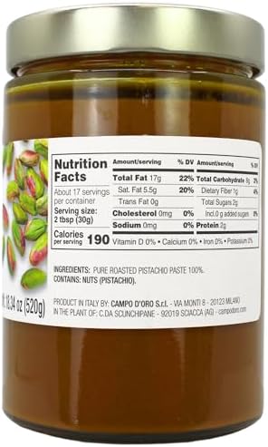 Pure Pistachio Paste, 100% Pistachio, 18.34 oz (520g), Unsweeted Pistachio Butter Spread, No Artificial Colors, Non Sugar Added, Product of Italy, Natural Green Color, Campo D'Oro
