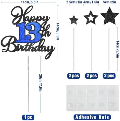 Happy 13th Birthday Cake Toppers, Black Blue Glitter Cake Decorations Set, 13th Birthday Decor, Birthday Anniversary Party Decorations Supplies