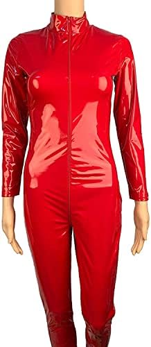 Women's Bodysuit Shiny Patent Red PVC Leather Catsuit Full Body Sexy Latex Tight Zipper Jumpsuit Rubber Clothing
