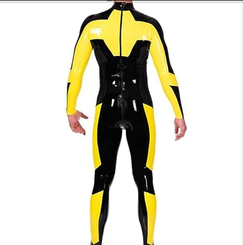 Latex Rubber Black and Yellow Patchwork Jumpsuit Role Play Party Hand Customized,Black,XL