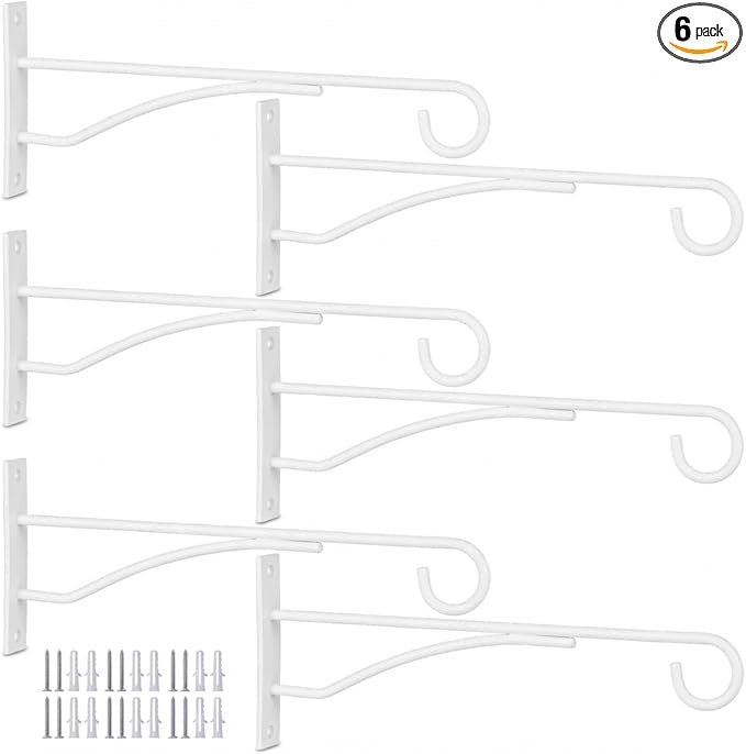 Eyrosa 8" Plant Hangers 6 Pack, Hanging Plant Bracket for Wall Fence Porch Outdoor Indoor, Metal Plant Hooks for Basket, Flower, Planter, Feeder, Lantern, Wind Chime, White