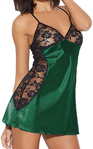 Women Lingerie Dress Sexy Nightwear, Deep V Neck Nightwear Satin Sleepwear Lace Chemise Mini Teddy