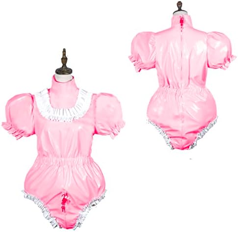 Bodysuit Shiny PVC Short Sleeve Maid Costume Vinyl Maid Dress Lockable Jumpsit Plus Size,Light Pink,M