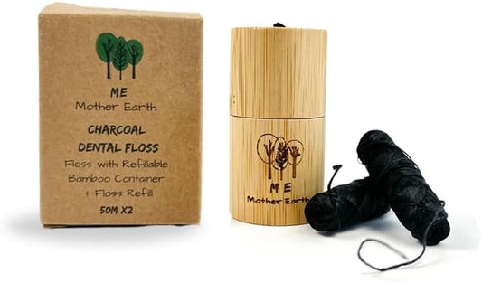 Vegan Biodegradable Bamboo Charcoal Dental Floss with Refillable Bamboo Container | Refill Included | Natural Candelilla Wax | 50M x2 | Peppermint Essential Oil | Eco Friendly | Zero Waste Oral Care